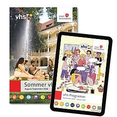 vhs-Programme als Heft und online, Titelbilder: Grafikbüro Gegensatz (Heft) und Luzie Gerb (Tablet)